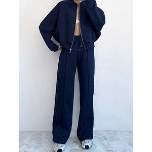 Women's Casual Winter 2 Piece Jogger Sets Oversized Sweatsuit Full <b>Zip</b> Long Sleeve Sweatshirt Wide Leg Sweatpants 100% Cotton - Product Image 4