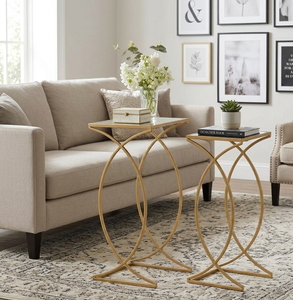 Premium Brass End Table Set Chic Curved Steel <b>Frame</b> Wood Top Sofa Side Stand Elegant Nordic Living Room <b>Plant</b> Display - Product Image 2