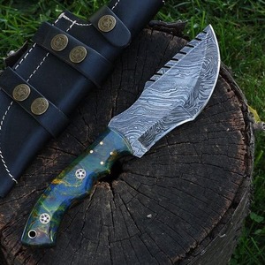 Couteau de camping droit non réglable en acier Damas de qualité industrielle, fait main, manche en résine, 3 mm, 10 pouces, pointe tombante, style Viking - Product Image 1