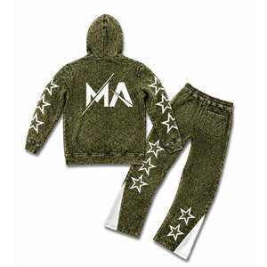 Conjunto de chándal con capucha en verde acid wash con estrellas blancas y pantalones largos con cordón de 350 gsm, 100% algodón, estilo streetwear. - Product Image 2