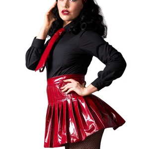 Jupe courte plissée rouge en PU pour femme, taille haute, style vintage brillant, taille élastique, extensible, coupe trapèze, pour toutes les saisons - Product Image 3