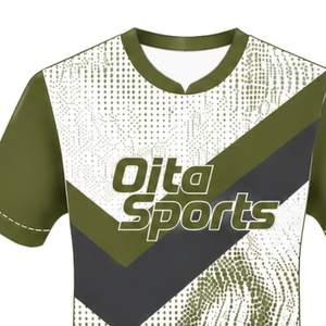 Maillot de rugby à manches courtes vert olive, blanc et noir, col rond, graphique, performance athlétique, vêtements de sport d'équipe, entraînement, match de rugby - Product Image 3