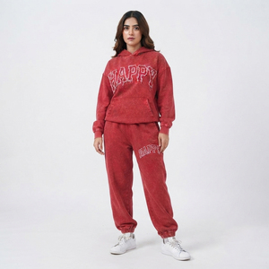 Ladies <b>Distress</b> Embroidery Tracksuit Women Oversized Long Sleeve Drawstring Waist Sweat Hoodie and Jogger Pants Set - Product Image 1