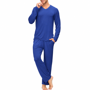 Fasmic International Men's Blue Short Sleeve <b>Pajama</b> Set 100% Cotton Knitted Solid Color Casual Sleepwear Pockets - Product Image 5