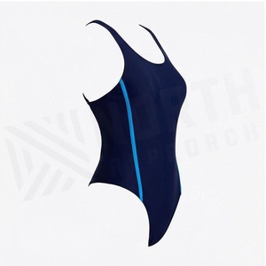 Traje de Baño de Una Pieza Azul Marino para Mujer con Franja Lateral en Contraste, Cuello Redondo, Secado Rápido, Spandex y Poliéster - Product Image 3