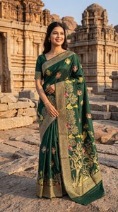 Sari de Seda Satén Banarasi Premium para Mujer con Bordado y Borde Jacquard |   Ropa Étnica India - Product Image 3