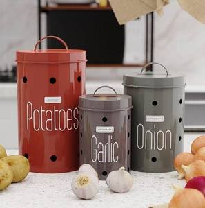 Contenants de stockage alimentaire en métal, forme cylindrique, couvercles, compatibles lave-vaisselle, design moderne pour la conservation de la fraîcheur des pommes de terre, de l'ail et des oignons - Product Image 2