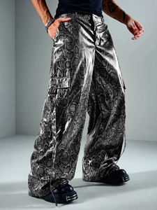 Snake Print <b>Leather</b> <b>Trousers</b> Lambskin Embossed Pattern Wide Leg Baggy Cut Side Pockets Glossy Grey and Burgundy - Product Image 3