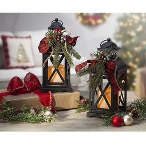 <b>Black</b> Iron Rectangular <b>Lanterns</b> With Christmas Decor For Home Decoration - Product Image 1