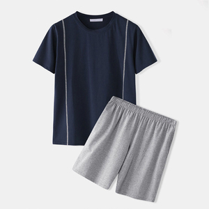 Men's Navy Blue Crew Neck T-Shirt With Gray Shorts <b>Set</b> Casual Summer Wear Breathable <b>Knitted</b> Fabric Solid Color Design - Product Image 6