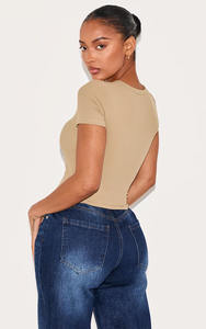 Women's <b>Khaki</b> Slim Fit Breathable Crop <b>Top</b> Short Sleeve Gym Workout Casual Wear Spandex/Polyester - Product Image 4