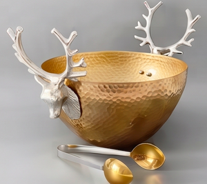 Bol en forme de tête de cerf martelé doré avec un ensemble de pinces, élégant service de table en aluminium pour salades, fruits, collations, table à manger et décoration de la maison - Product Image 1