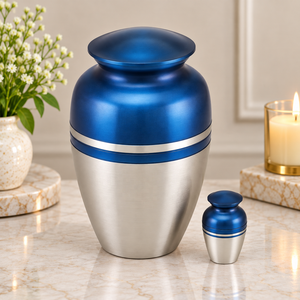 Urne classique Azure en métal, design bicolore avec finition brossée et bordure argentée, récipient commémoratif avec couvercle assorti - Product Image 1