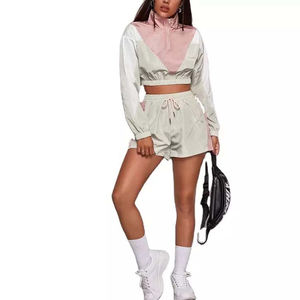 Cropped Racer Jacket Set With Full Sleeves Contrast Color Breathable Polyester Tracksuit For Women All Seasons Casual Style - Product Image 4
