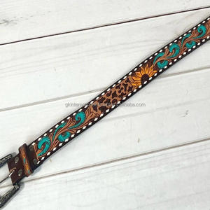 Customized Sunflower Embossed men's designer western <b>leather</b> <b>tooling</b> <b>belt</b> with antique brass single pin buckle cowboy <b>belt</b> - Product Image 3