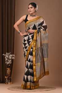 Sari BAGRU BLOCK Maheshwari de Seda y Algodón, con Borde Dorado Zari, Estampado a Mano, Tradicional Indio para Bodas, Venta al Por Mayor - Product Image 3