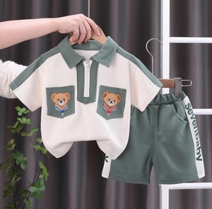 ชุดเสื้อยืดโปโลผ้าฝ้ายสำหรับเด็กแขนสั้นปักลายหมีกระเป๋าสีฟ้าสีขาวชุดลำลองสองชิ้น - Product Image 3