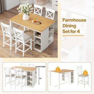 Solid Wood Farmhouse Counter Height Dining Table Set 60\"Lx30\"W 3 Tier Storage Shelves & 4-5 Upholstered Dining Chairs - Product Image 3