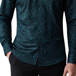 Camisa de Manga Larga para Hombre, Color Verde Azulado Oscuro, Tejido Teñido con Diseño Geométrico, Cierre de Botones, Corte Entallado, Estilo Casual de Negocios, para la Noche - Product Image 5