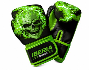 Gants de boxe noirs IBERIA Premium, imprimé crâne vert, gants d'entraînement en cuir PU, logo personnalisé, équipement sportif en gros OEM - Product Image 1