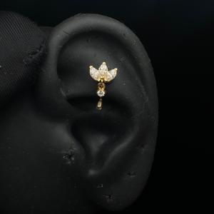 Boucles d'oreilles pendantes sophistiquées en or 10 carats avec diamant en forme de lotus et piercing incurvé 16G - Product Image 1