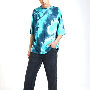 T-shirt à manches courtes pour homme de haute qualité, surdimensionné, tie-dye, col rond, tricoté, décontracté, motif bleu-vert, en coton - Product Image 2
