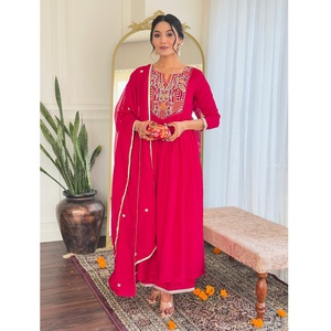 Women's <b>Red</b> Vichitra Silk Embroidered <b>Flared</b> Kurta with Rayon Pant And Chinon Embroidered Dupatta Sets - Product Image 1
