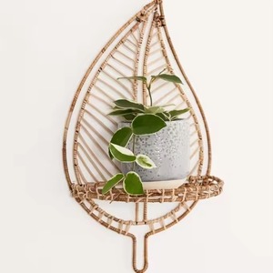 Leaf Shaped Rattan <b>Wall</b> <b>Mounted</b> Single Layer 35cm Handmade <b>Plant</b> Holder Hanging Rack 2 Bars for Bathroom Kitchen Living Room - Product Image 3