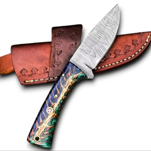 Couteau de camping professionnel à lame fixe en acier Damas ultra-affûté, pointe tombante, manche ergonomique confortable en forme de cône de pin, 10 pouces - Product Image 1