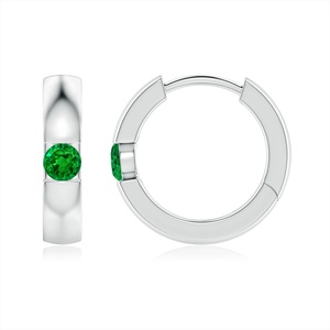 14kt <b>White</b> Gold Emerald Huggie Hoop Earrings Round Cut Bezel <b>Set</b> Minimalist Luxury Fine Jewelry for Women Gift for Wife - Product Image 1