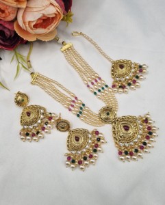 Traditional Multi Layer <b>Pearl</b> Strand <b>Necklace</b> <b>Set</b> With Matching Earrings & Mangtika Wedding Ethnic Wear Jewellery <b>Set</b> Wholesaler - Product Image 1