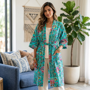 ชุดคลุมกิโมโนผ้าฝ้ายลายดอกไม้สีเทอร์ควอยซ์ ชุดนอนคอวียาวพร้อมกระเป๋ามีเชือกผูก ชุดลำลองแขนยาวสำหรับผู้หญิง ทรอปิคอลมาเรีย - Product Image 2