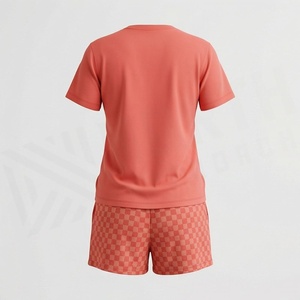 Women's 2 Piece Shorts Set Solid <b>Coral</b> T Shirt and Checkered Above Knee Shorts Casual Spring Summer Wear - Product Image 2