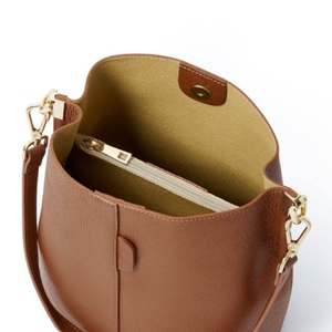 <b>Leather</b> Bucket <b>Bag</b> Women's Casual Handbag Minimalist Style Zipper Closure <b>Soft</b> Brown Tote All Seasons - Product Image 1