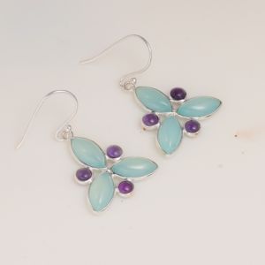 Pendientes Colgantes de Calcedonia Azul Natural y Amatista, Plata de Ley 925, Hechos a Mano, con Forma de Flor, Regalo para Mujer - Product Image 2