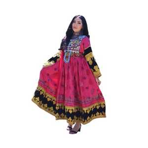 Elegant Deep Pink Afghan Party Dress With Modern Minimalist Golden Embroidery Accents And <b>Flared</b> Cuffs - Product Image 1