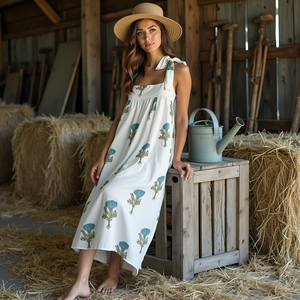 Vestido Maxi sin mangas bohemio para mujer con forro azul caléndula estampado floral tela de algodón transpirable - Product Image 1