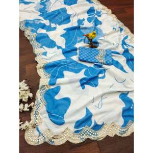 Chal Largo Azul de Chifón con Estampado Floral Digital de Diseñador, Hermoso para Usar en Fiestas - Product Image 1