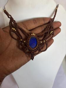 Handmade <b>Lapis</b> <b>Lazuli</b> Macrame Choker Necklace Wholesale Bohemian Woven Brass Beads Statement Gemstone Jewelry Supplier - Product Image 3