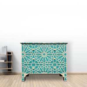 Commode et commode à 6 tiroirs en os incrusté blanc et vert clair de qualité supérieure, décoration de salon, fabriquée en Inde - Product Image 1
