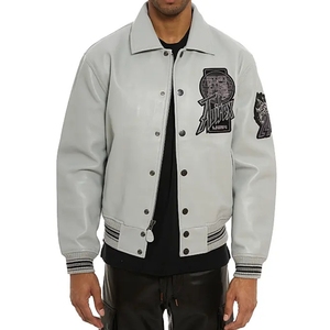 Veste graphique en cuir de vachette blanc pour homme de qualité supérieure |   Série de streetwear brodée haute densité personnalisée en gros Heritage Street - Product Image 1