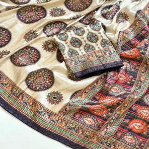 VASTRA COTTAGE Saree de Seda Pura Suave con Estampado Digital Posicionado y Trabajo de Espejo Original, con Blusa con Trabajo de Espejo - Product Image 3