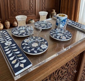 Wholesale Hot Selling Arabian Multipurpose Luxury Mother of Pearl Inlay Round Classic Tray with Rattan Plats Platter Coaster - Product Image 1