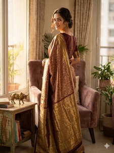 Sari de Seda Banarasi con Bordado Dorado Zari, Sari Tradicional Indio para Bodas, Sari de Diseño Étnico para Fiestas - Product Image 5