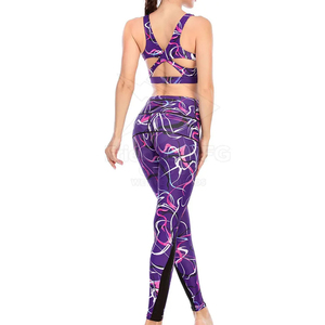 Women Yoga Set Purple Abstract Print High Waist Leggings Racerback Square Neck <b>Crop</b> <b>Top</b> 2 Piece Spandex Polyester Breathable - Product Image 2
