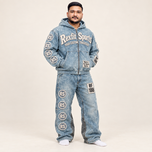 Ensemble de survêtement vintage délavé à capuche et fermeture éclair intégrale pour homme, pantalon large, broderie appliquée personnalisée, style streetwear avec détails de patchs - Product Image 1