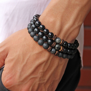 Vintage Natural Stone Bead Bracelet with Wooden Spacers, Lava Rock Elastic Bracelet for Men, Everyday Wear - Product Image 1