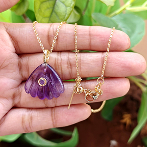 Natural stone amethyst jewelry shell hand carved pendant <b>with</b> purple zircon accent 18k gold plated jewelry gift brass necklace - Product Image 4