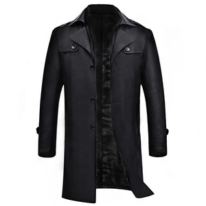 <b>Men's</b> <b>Black</b> PU Leather <b>Long</b> Coat Turn-down Collar Single Breasted Windproof Smart Casual Winter <b>Jacket</b> - Product Image 2