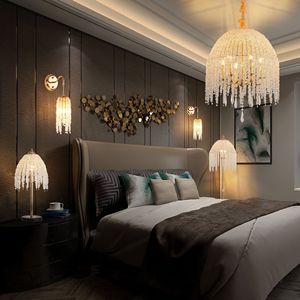 Elegante Lámpara Colgante de Cristal K9 de 20 Pulgadas y 6 Luces, Acabado Dorado con Diseño de Cascada y Cadenas de Cuentas de Cristal - Product Image 6